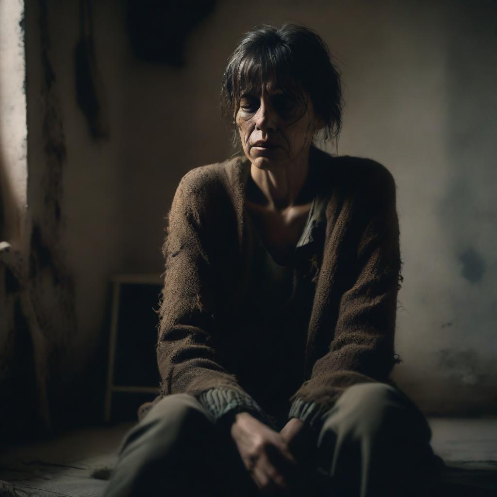 The image depicts a woman in a state of sorrow and despair, dressed in tattered clothing, sitting in a dimly lit room with a forlorn expression