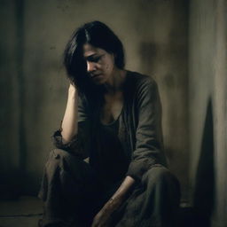 The image depicts a woman in a state of sorrow and despair, dressed in tattered clothing, sitting in a dimly lit room with a forlorn expression