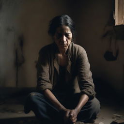 The image depicts a woman in a state of sorrow and despair, dressed in tattered clothing, sitting in a dimly lit room with a forlorn expression