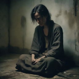 The image depicts a woman in a state of sorrow and despair, dressed in tattered clothing, sitting in a dimly lit room with a forlorn expression