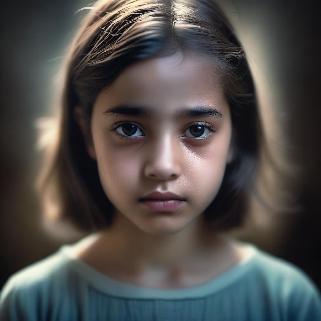 The image features a beautiful young girl with a face full of sadness