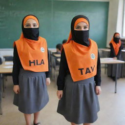 Young girls dressed in orange and black uniforms with gray skirts, wearing hijabs. They are sweep in a classroom with a visible 'TAV' sign.