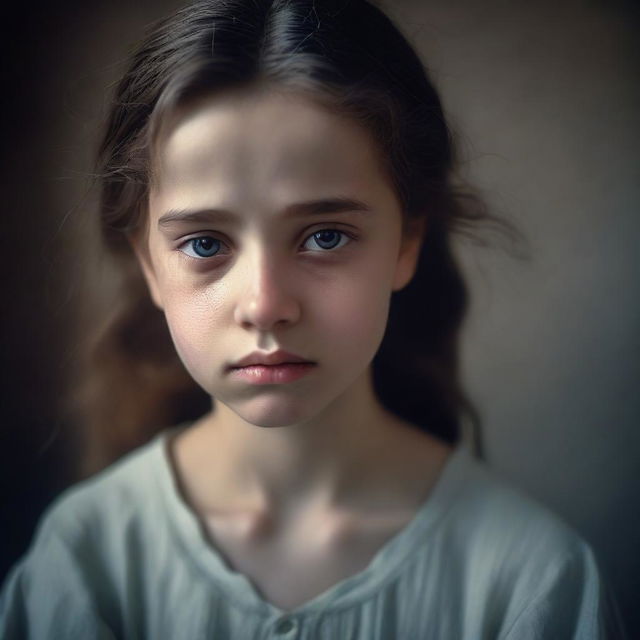 The image features a beautiful young girl with a face full of sadness