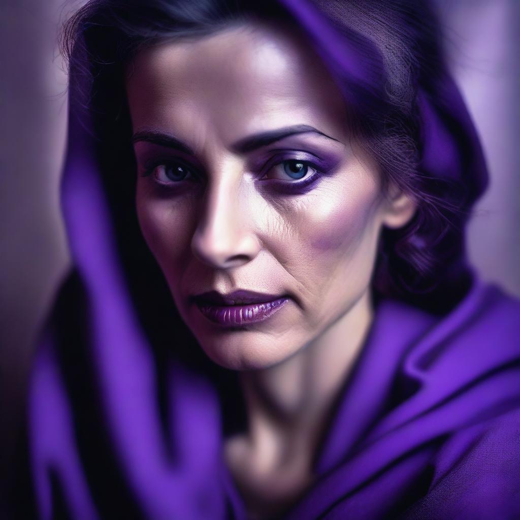 The image features a beautiful woman with a face full of sadness, set in a purple color scheme