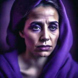 The image features a beautiful woman with a face full of sadness, set in a purple color scheme