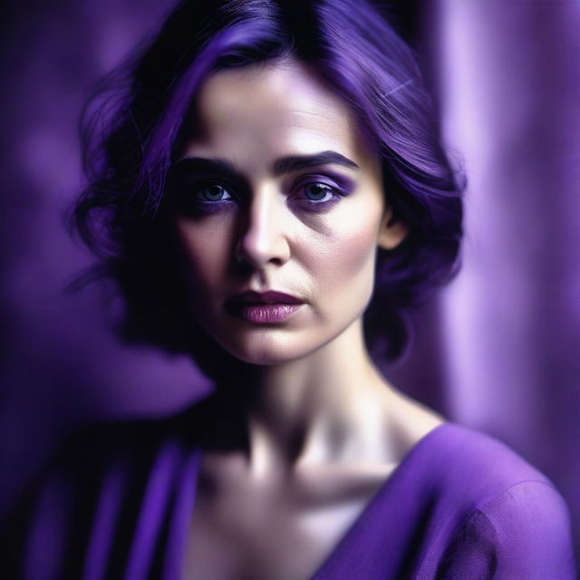 The image features a beautiful woman with a face full of sadness, set in a purple color scheme