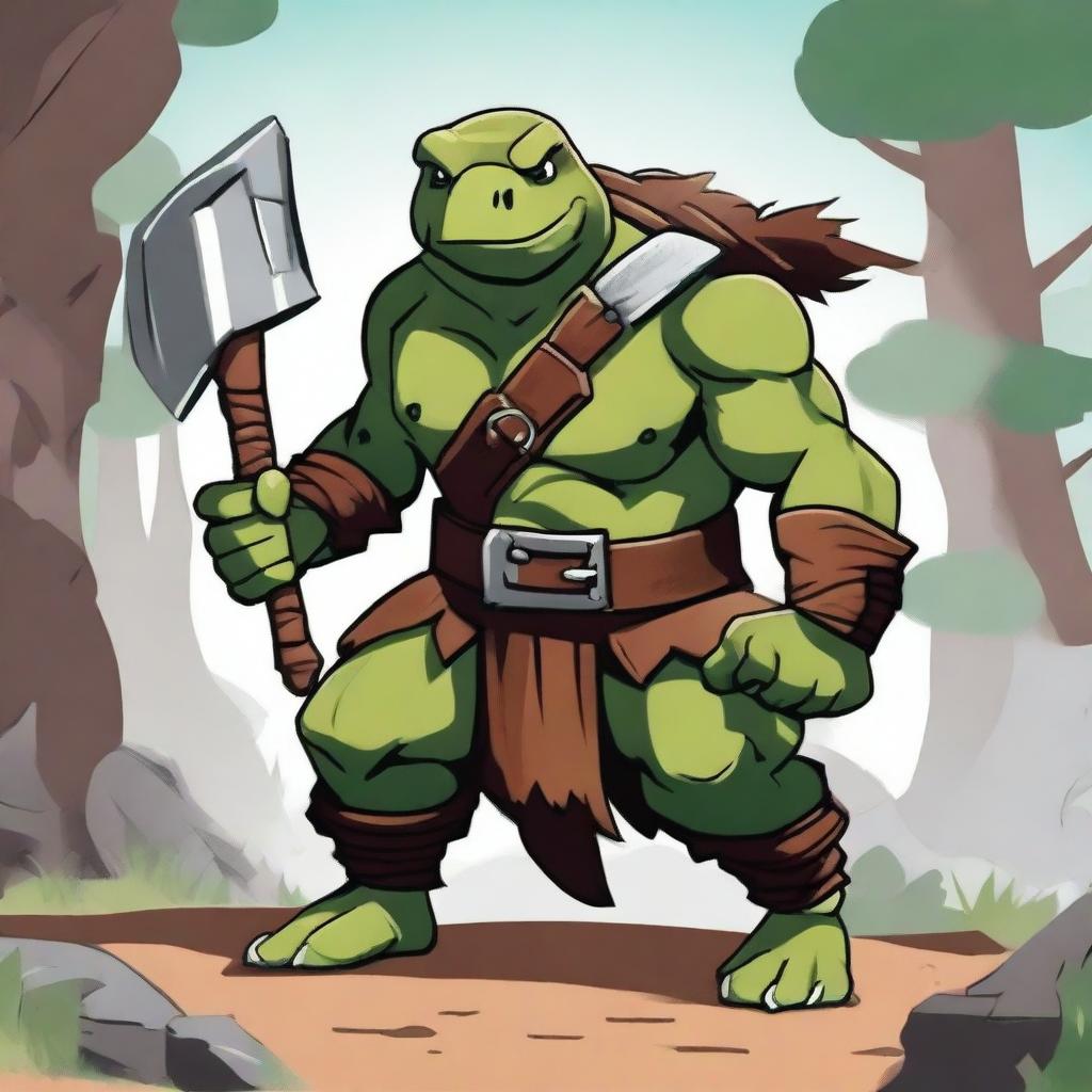 Franklin the Turtle looking angry, dressed as a barbarian with a fierce expression