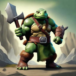 Franklin the Turtle looking angry, dressed as a barbarian with a fierce expression