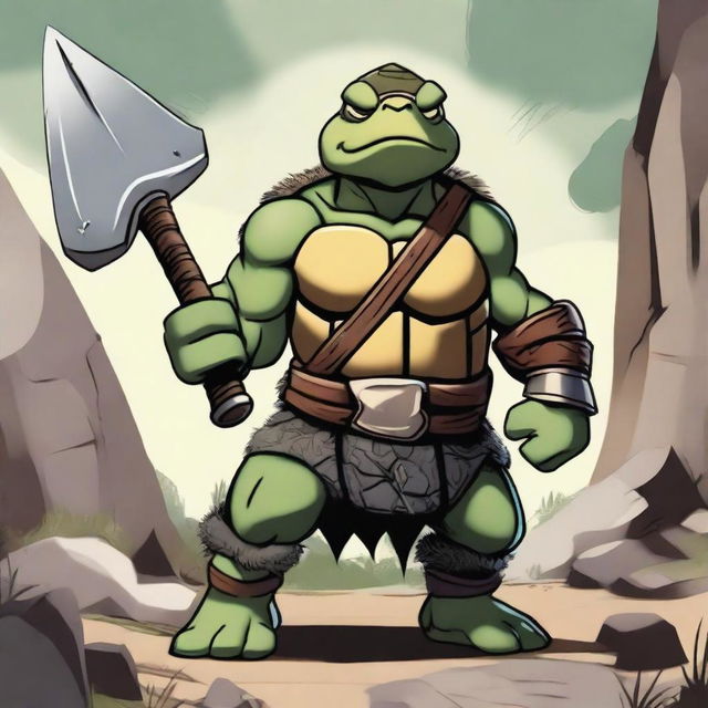 Franklin the Turtle looking angry, dressed as a barbarian with a fierce expression