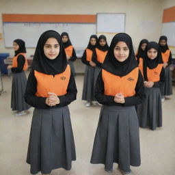 Young girls dressed in orange and black uniforms with gray skirts, wearing hijabs. They are sweep in a classroom with a visible 'TAV' sign.