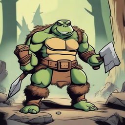 Franklin the Turtle looking angry, dressed as a barbarian with a fierce expression