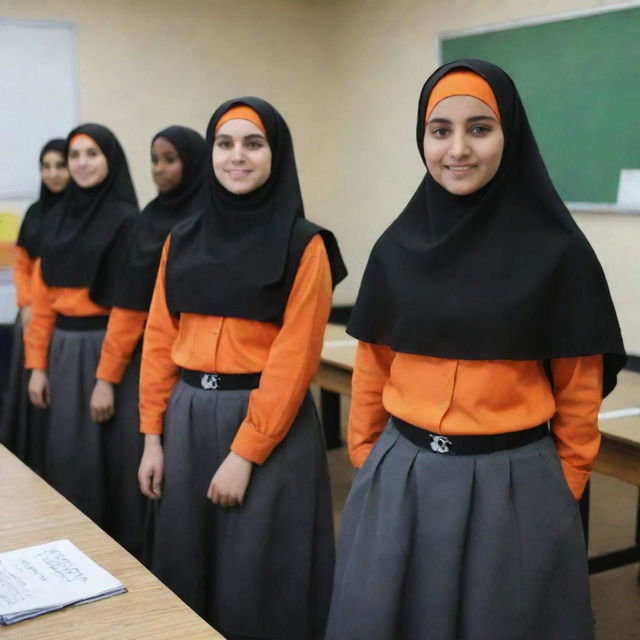 Young girls dressed in orange and black uniforms with gray skirts, wearing hijabs. They are sweep in a classroom with a visible 'TAV' sign.