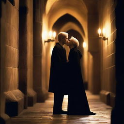 A romantic scene featuring Harry Potter and Draco Malfoy sharing a kiss