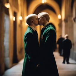 A romantic scene featuring Harry Potter and Draco Malfoy sharing a kiss