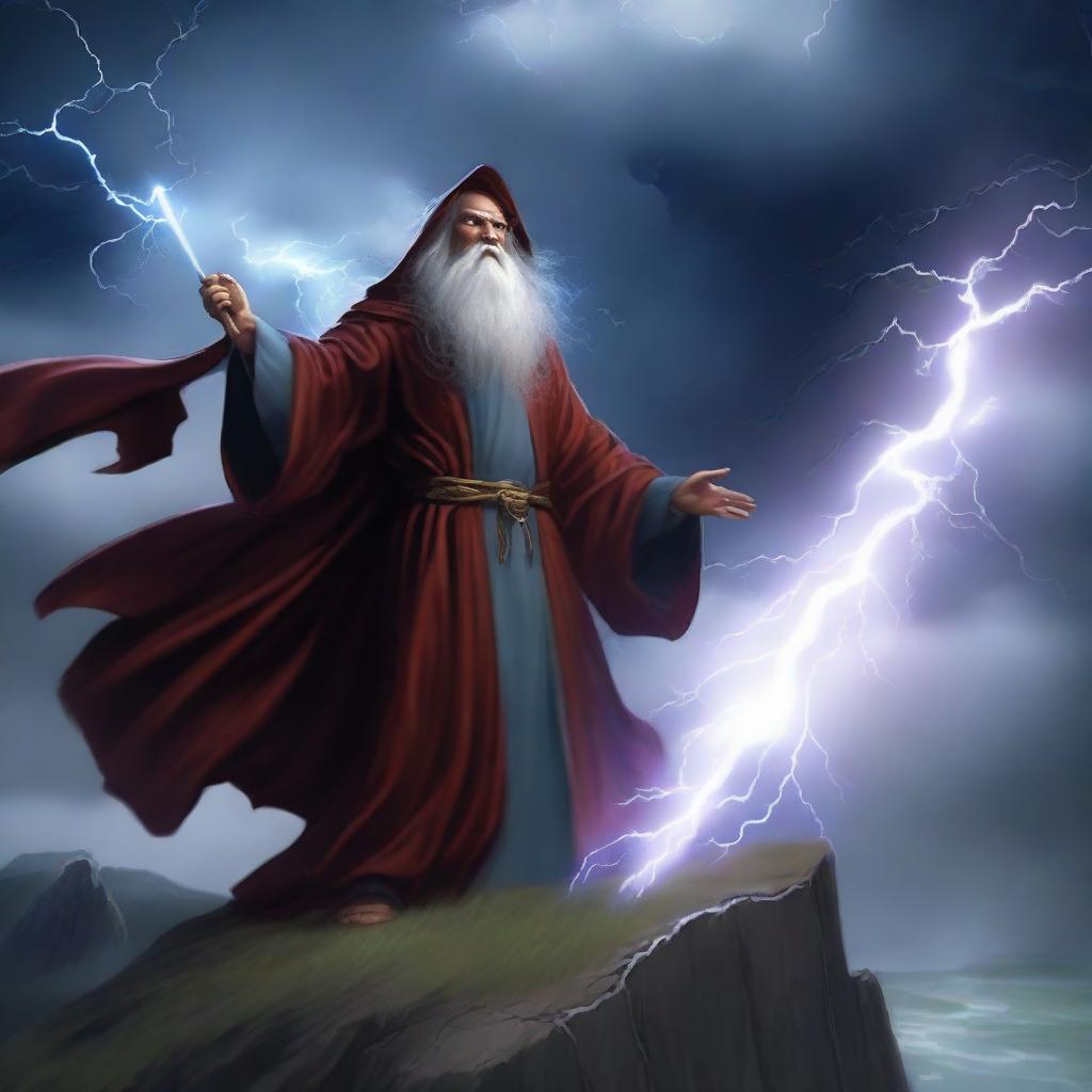 A powerful human wizard conjuring thunder and lightning, standing on a cliff with stormy skies in the background