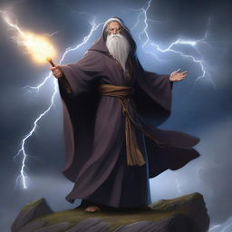 A powerful human wizard conjuring thunder and lightning, standing on a cliff with stormy skies in the background