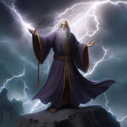 A powerful human wizard conjuring thunder and lightning, standing on a cliff with stormy skies in the background