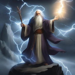 A powerful human wizard conjuring thunder and lightning, standing on a cliff with stormy skies in the background