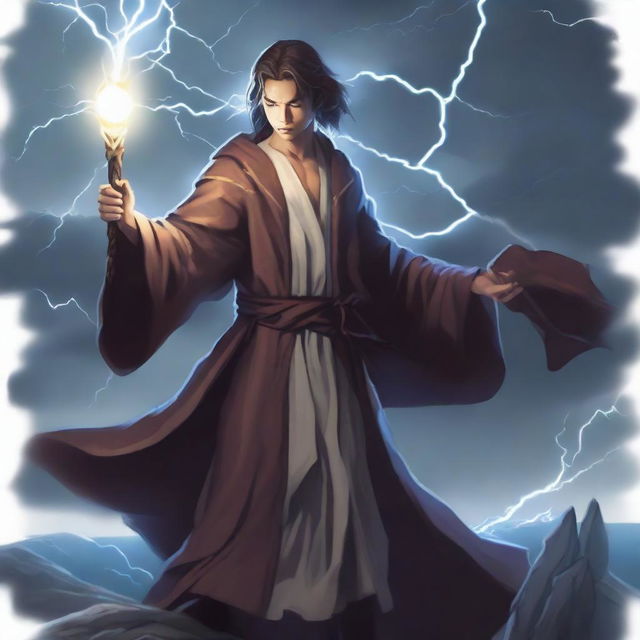 A young human wizard conjuring thunder and lightning, standing on a cliff with stormy skies in the background