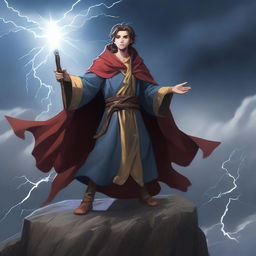 A young human wizard conjuring thunder and lightning, standing on a cliff with stormy skies in the background