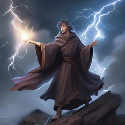 A young human wizard conjuring thunder and lightning, standing on a cliff with stormy skies in the background