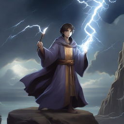 A young human wizard conjuring thunder and lightning, standing on a cliff with stormy skies in the background