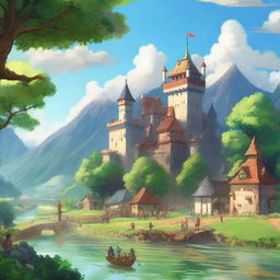 A majestic kingdom with a grand castle in the center, surrounded by lush green fields and a sparkling river