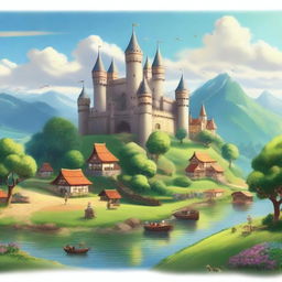 A majestic kingdom with a grand castle in the center, surrounded by lush green fields and a sparkling river