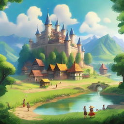 A majestic kingdom with a grand castle in the center, surrounded by lush green fields and a sparkling river