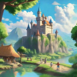 A majestic kingdom with a grand castle in the center, surrounded by lush green fields and a sparkling river