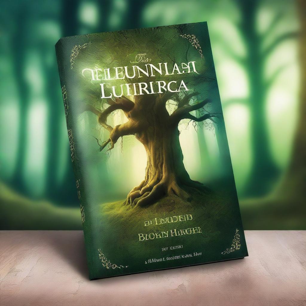 A captivating book cover featuring a mystical forest with ancient trees and a hidden path leading to an enchanted castle in the distance