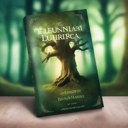 A captivating book cover featuring a mystical forest with ancient trees and a hidden path leading to an enchanted castle in the distance