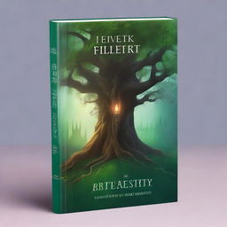 A captivating book cover featuring a mystical forest with ancient trees and a hidden path leading to an enchanted castle in the distance