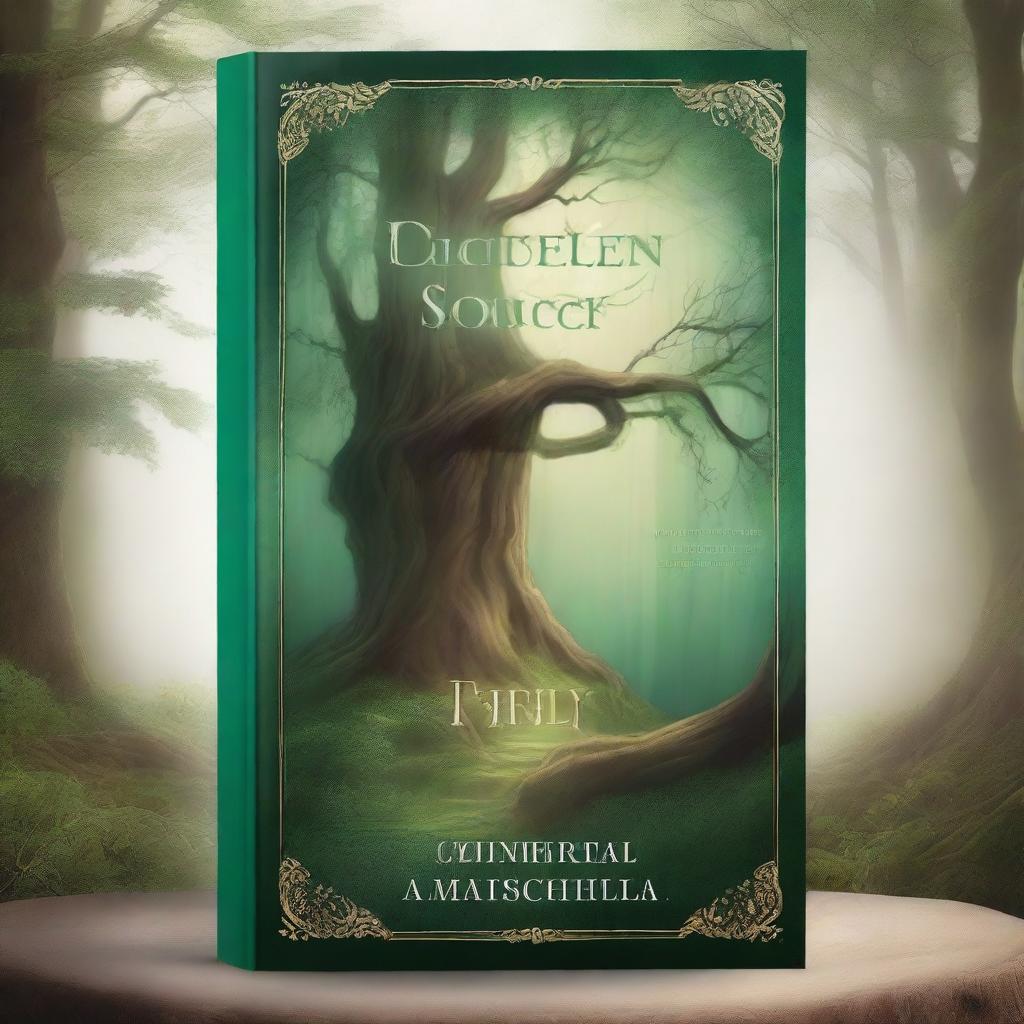 A captivating book cover featuring a mystical forest with ancient trees and a hidden path leading to an enchanted castle in the distance