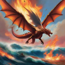 A half-dragon girl flying in the sky, breathing fire down onto an army at sea