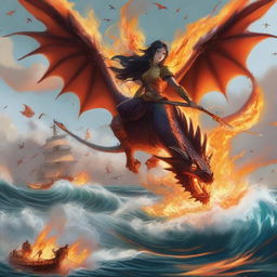 A half-dragon girl flying in the sky, breathing fire down onto an army at sea