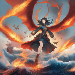 A half-dragon girl flying in the sky, breathing fire down onto an army at sea