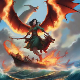 A half-dragon girl flying in the sky, breathing fire down onto an army at sea