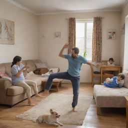 A lively room showing a dog deeply sleeping, a man energetically dancing, a family enjoying meal together, and two kids enthusiastically playing Cricket.