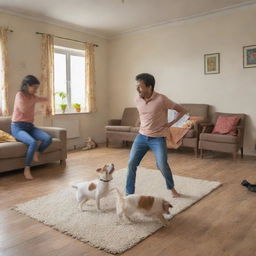 A lively room showing a dog deeply sleeping, a man energetically dancing, a family enjoying meal together, and two kids enthusiastically playing Cricket.