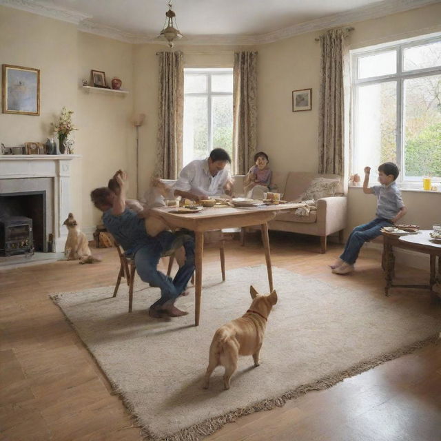 A lively room showing a dog deeply sleeping, a man energetically dancing, a family enjoying meal together, and two kids enthusiastically playing Cricket.