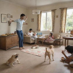 A lively room showing a dog deeply sleeping, a man energetically dancing, a family enjoying meal together, and two kids enthusiastically playing Cricket.