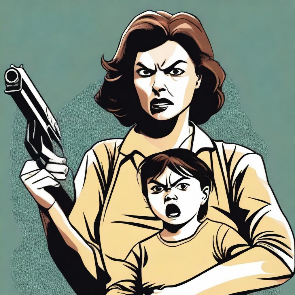 An intense scene featuring an angry lady carrying a child in one arm and holding a gun in the other