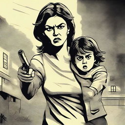 An intense scene featuring an angry lady carrying a child in one arm and holding a gun in the other