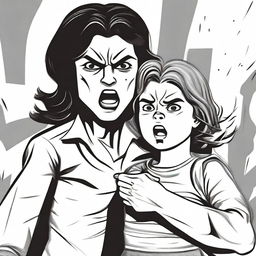 An intense scene featuring an angry lady carrying a child in one arm and holding a gun in the other