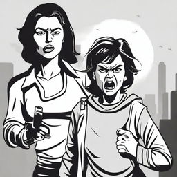 An intense scene featuring an angry lady carrying a child in one arm and holding a gun in the other