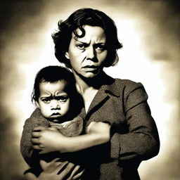 A realistic photograph of a lady carrying a child in one arm and holding a gun in the other