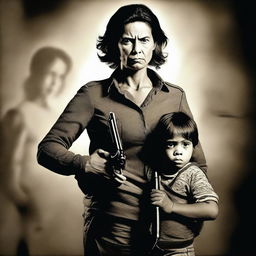 A realistic photograph of a lady carrying a child in one arm and holding a gun in the other