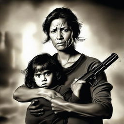 A realistic photograph of a lady carrying a child in one arm and holding a gun in the other