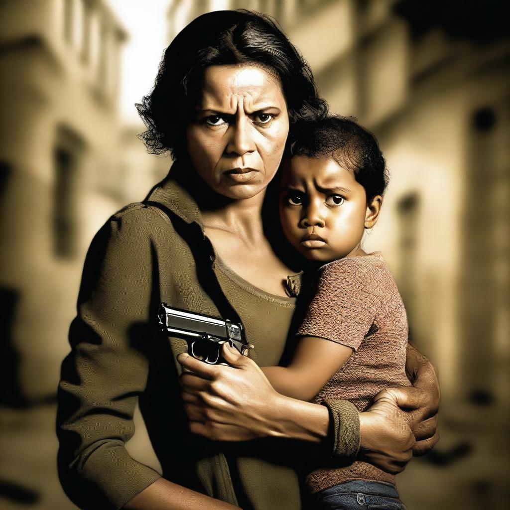 A realistic photograph of a lady carrying a child in one arm and holding a gun in the other